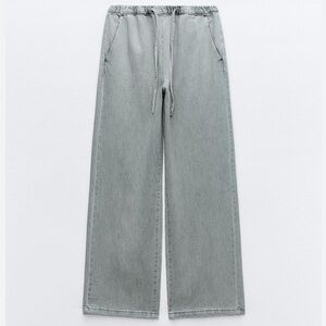 Zara Wide Leg High Waist Jogger Jeans Size XL Light Gray